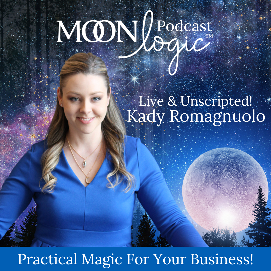 Moonlogic Podcast Cover A woman smiling in a royal blue dress with a full moon and twinkling stars behind her. Moonlogic Podcast, Practical Magic For Your Business!